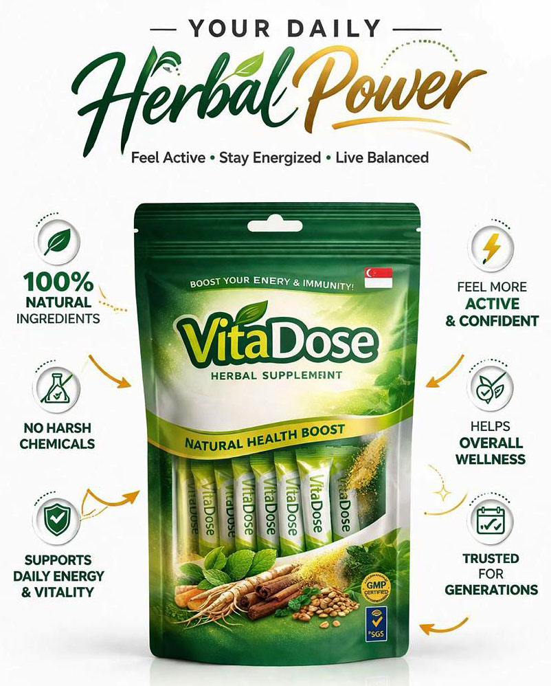 VitaDose benefits infographic: 100% natural ingredients, no harsh chemicals, supports daily energy and vitality, helps overall wellness